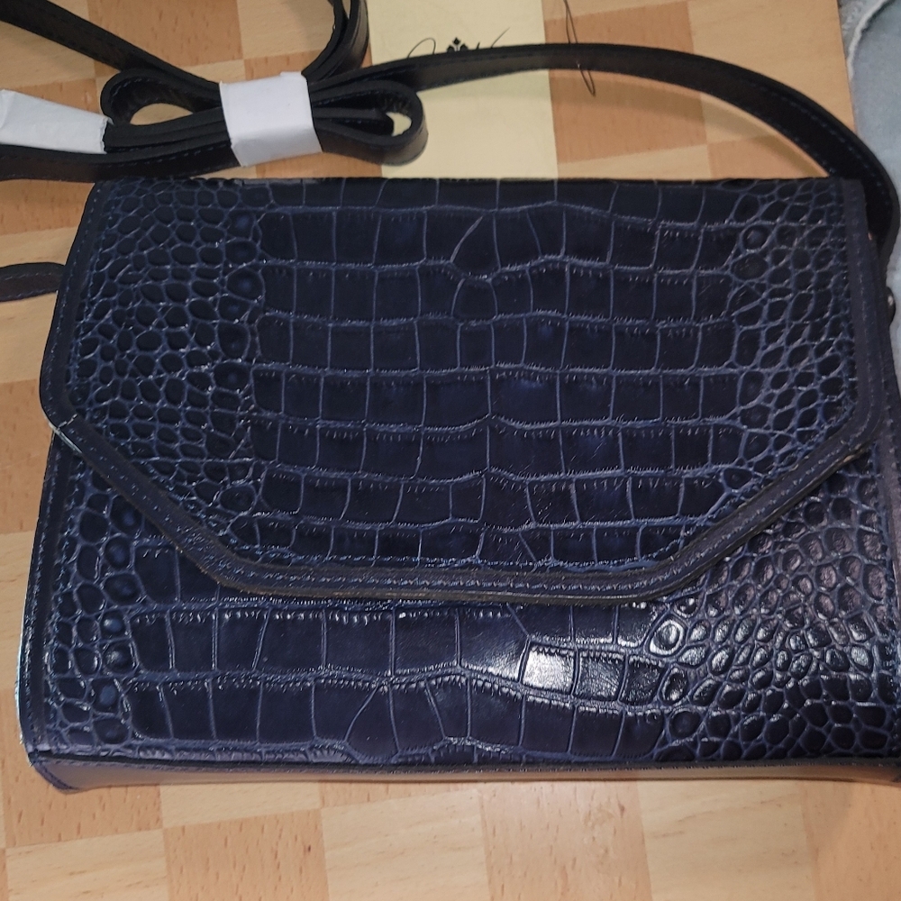 Navy Croc-Embossed Crossbody Bag